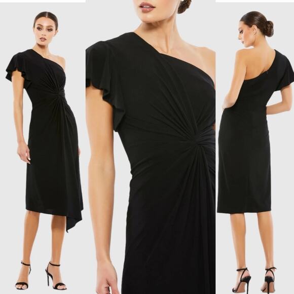 Mac Duggal Black One Shoulder Midi Length Jersey Dress - Picture 1 of 15